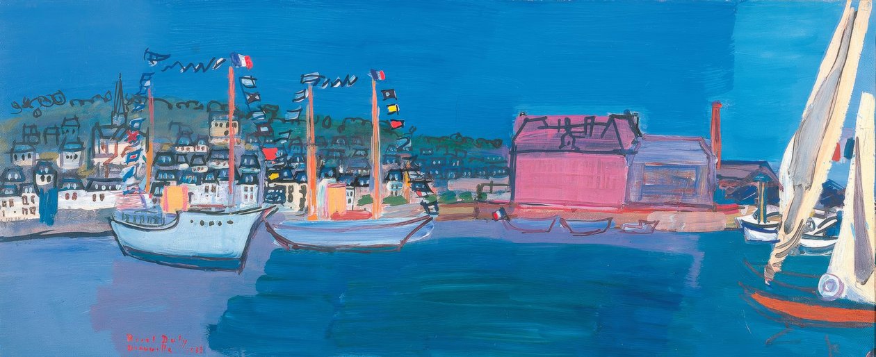 Łodzie morze małe flagi domy mały port doki żagle autorstwa Raoul Dufy