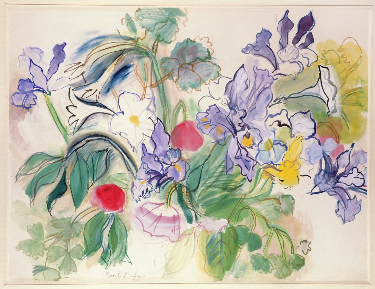 Bukiet irysów i czerwonych maków, ok. 1948 (akwarela na papierze) autorstwa Raoul Dufy