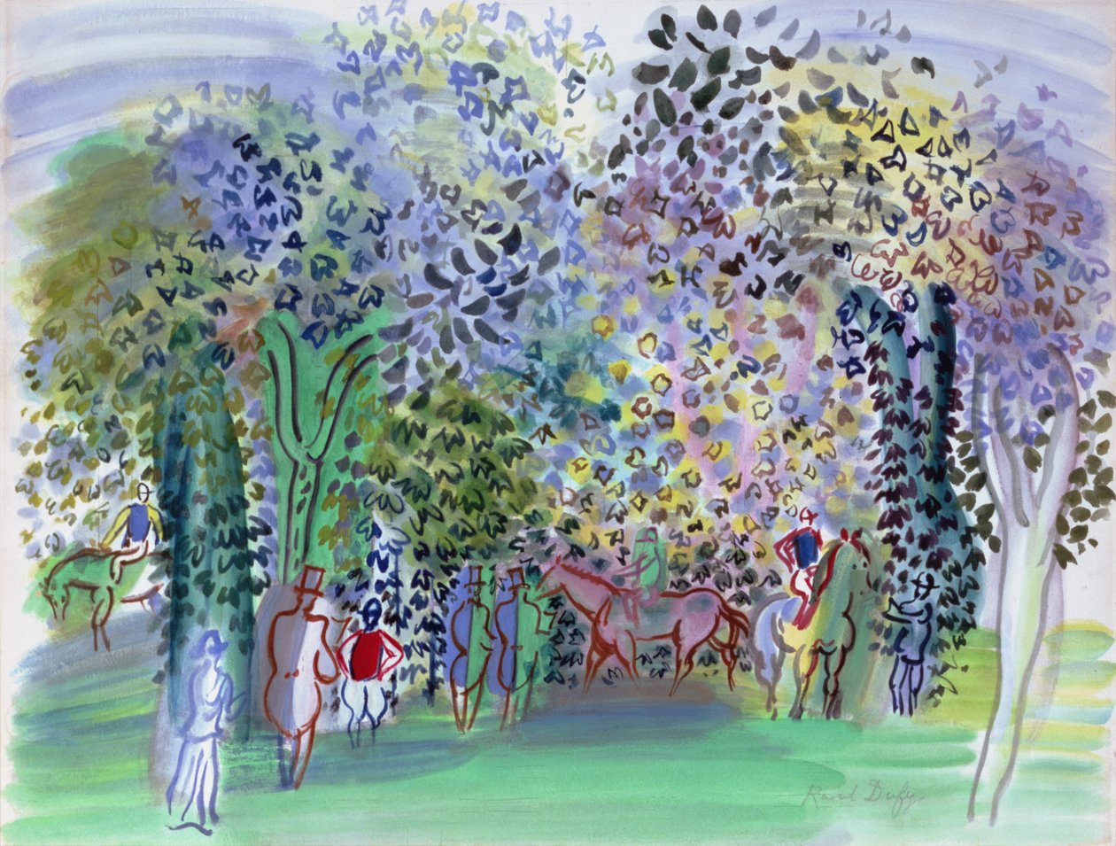 Konie i dżokeje pod drzewami, ok. 1930-1 (akwarela) autorstwa Raoul Dufy