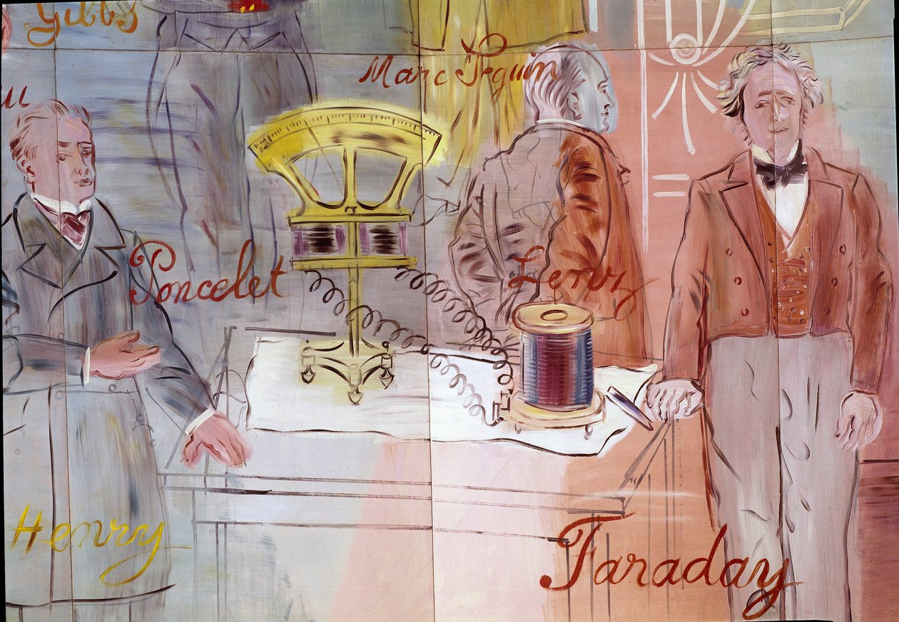 La Fee Electricite, szczegół: Portrety Jean Victor Poncelet, Marc Seguin, Michael Faraday. 1937 (obraz) autorstwa Raoul Dufy