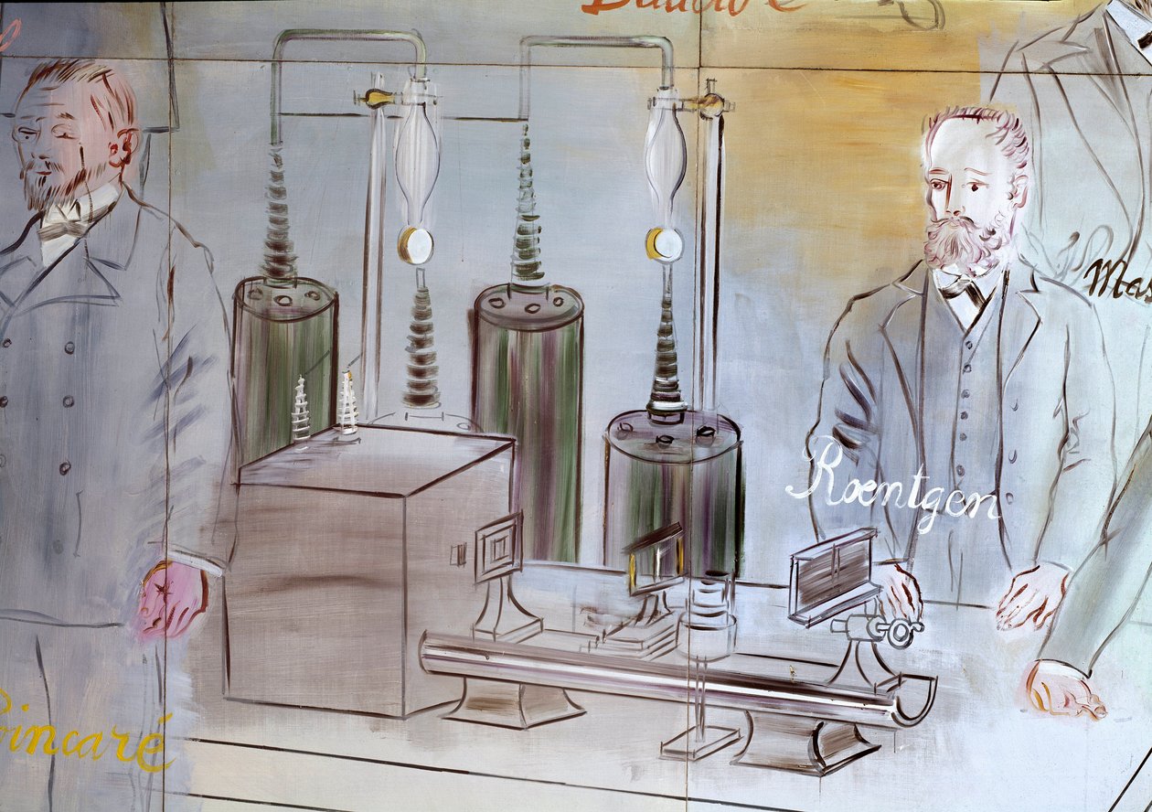 La Fee Electricite, szczegół: Portrety Wilhelma Conrada Rontgena (1845-1923), niemieckiego fizyka.1937 (obraz) autorstwa Raoul Dufy