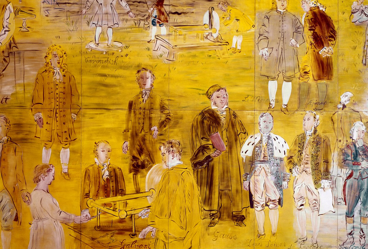 La Fee Electricite, szczegół: Portrety różnych naukowców: Henry Cavendish, Le Monnier, Franz Aepinus, Denis Papin, Joseph Priestley, Luigi Galvani, Carl Friedrich Gauss, Simeon-Denis Poisson, Pierre Simon de Laplace i Charles de Coulomb. 1937 (mal. autorstwa Raoul Dufy