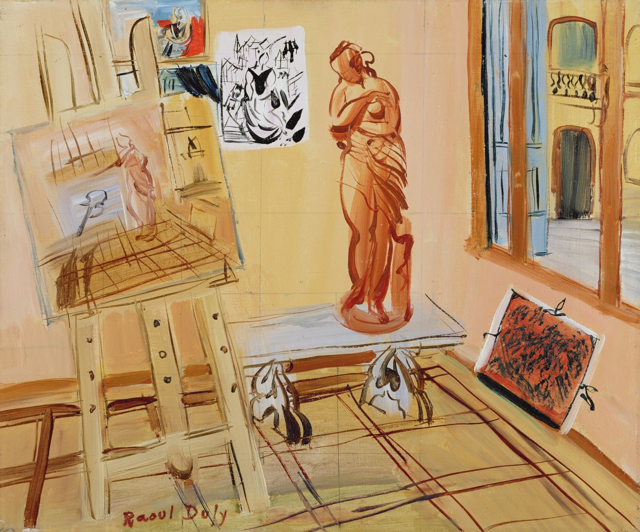 Pracownia artysty, ok. 1942-45 (olej na płótnie w kwadracie z grafitem) autorstwa Raoul Dufy