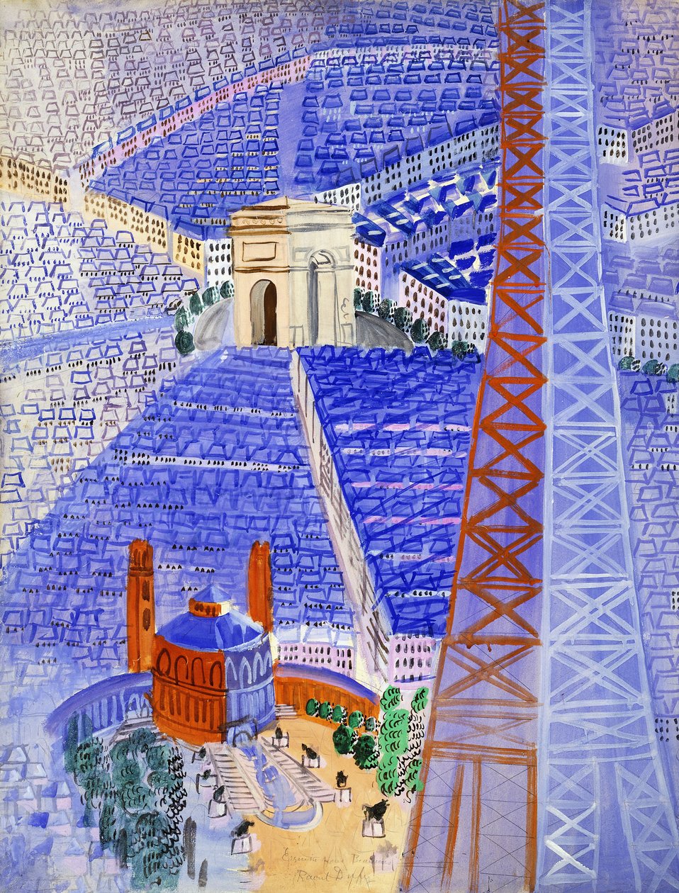 Projekt wieży Eiffla dla gobelinu w Beauvais; La Tour Eiffel, Projet pour la Tapisserie de Beauvais, ok. 1929-1930 (gwasz na papierze) autorstwa Raoul Dufy
