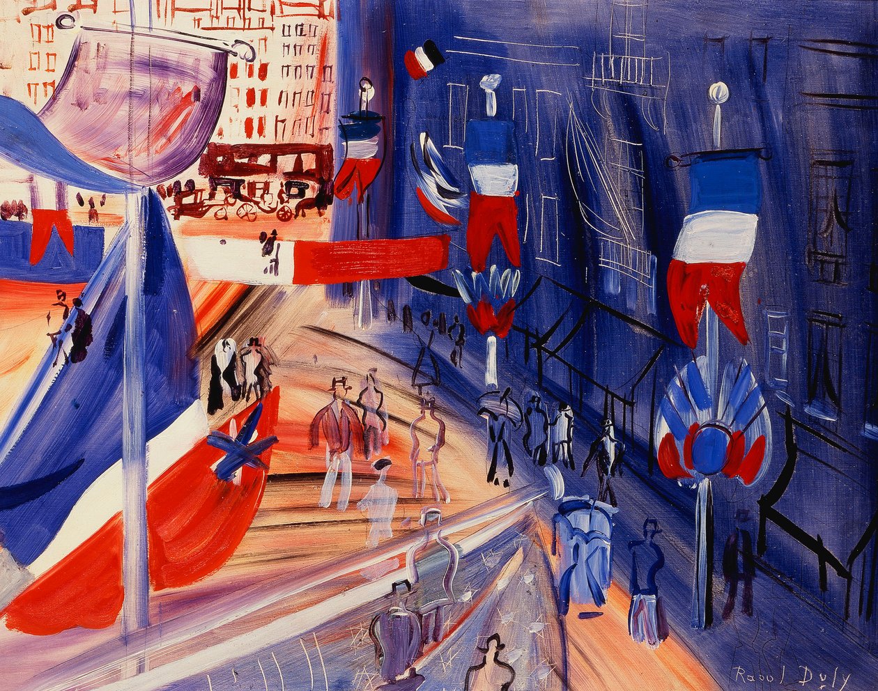 Ulica zalana amerykańskimi sztandarami; La rue Pavoisee a la Banniere Americaine, ok. 1930 (olej na twardej płycie) autorstwa Raoul Dufy