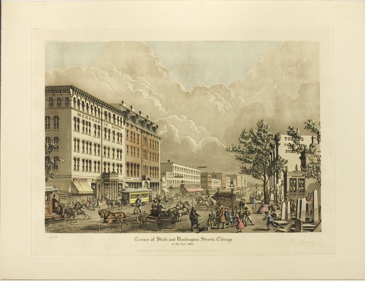 Corner of State and Washington Streets, Chicago, rok 1865 autorstwa Raoul Varin