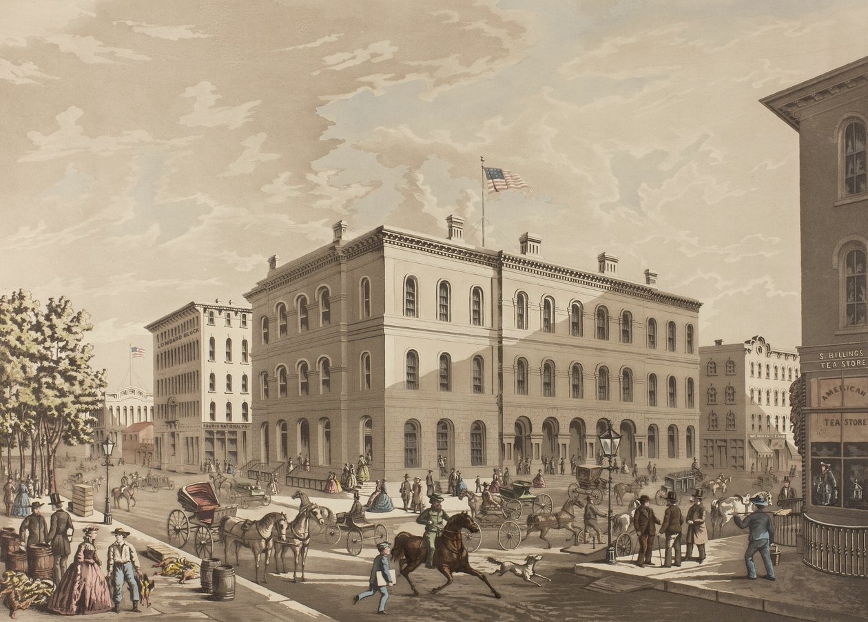 PÓŁNOCNY ZACHÓD. Róg ulic Dearborn i Monroe w Chicago, ukazujący budynek poczty w roku 1865 autorstwa Raoul Varin