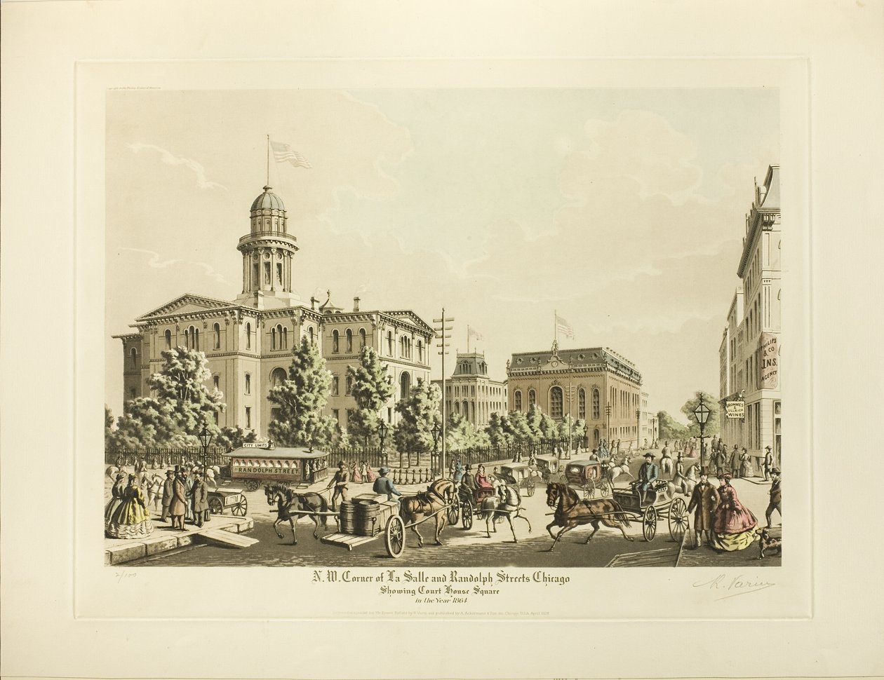 NW Corner of LaSalle i Randolph, Chicago, pokazuje plac Court House Square w roku 1864 autorstwa Raoul Varin
