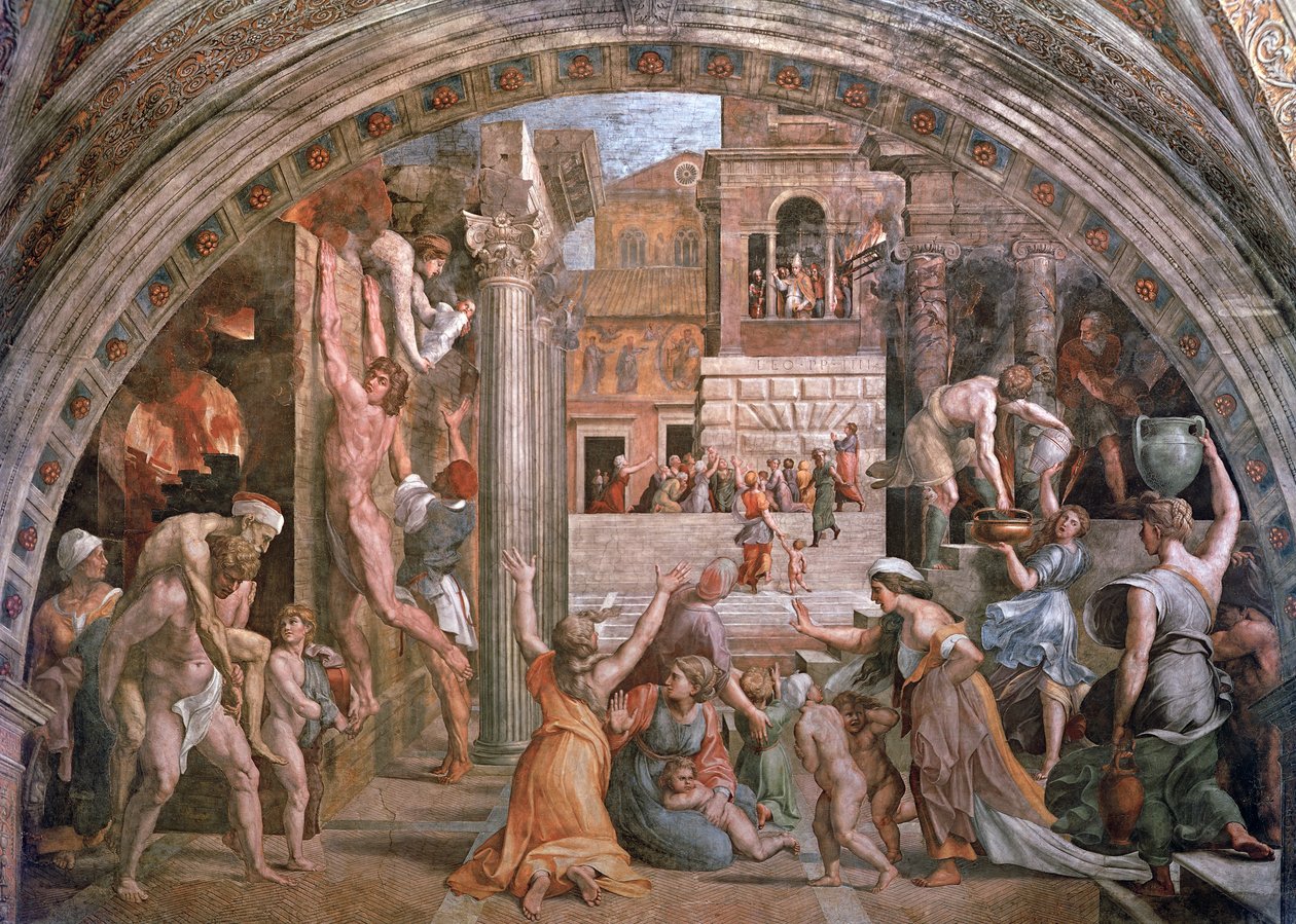 Pożar w Borgo, ze Stanza dellIncendio (Sala Ognia) c.1514-17 autorstwa Raphael and Giulio Romano