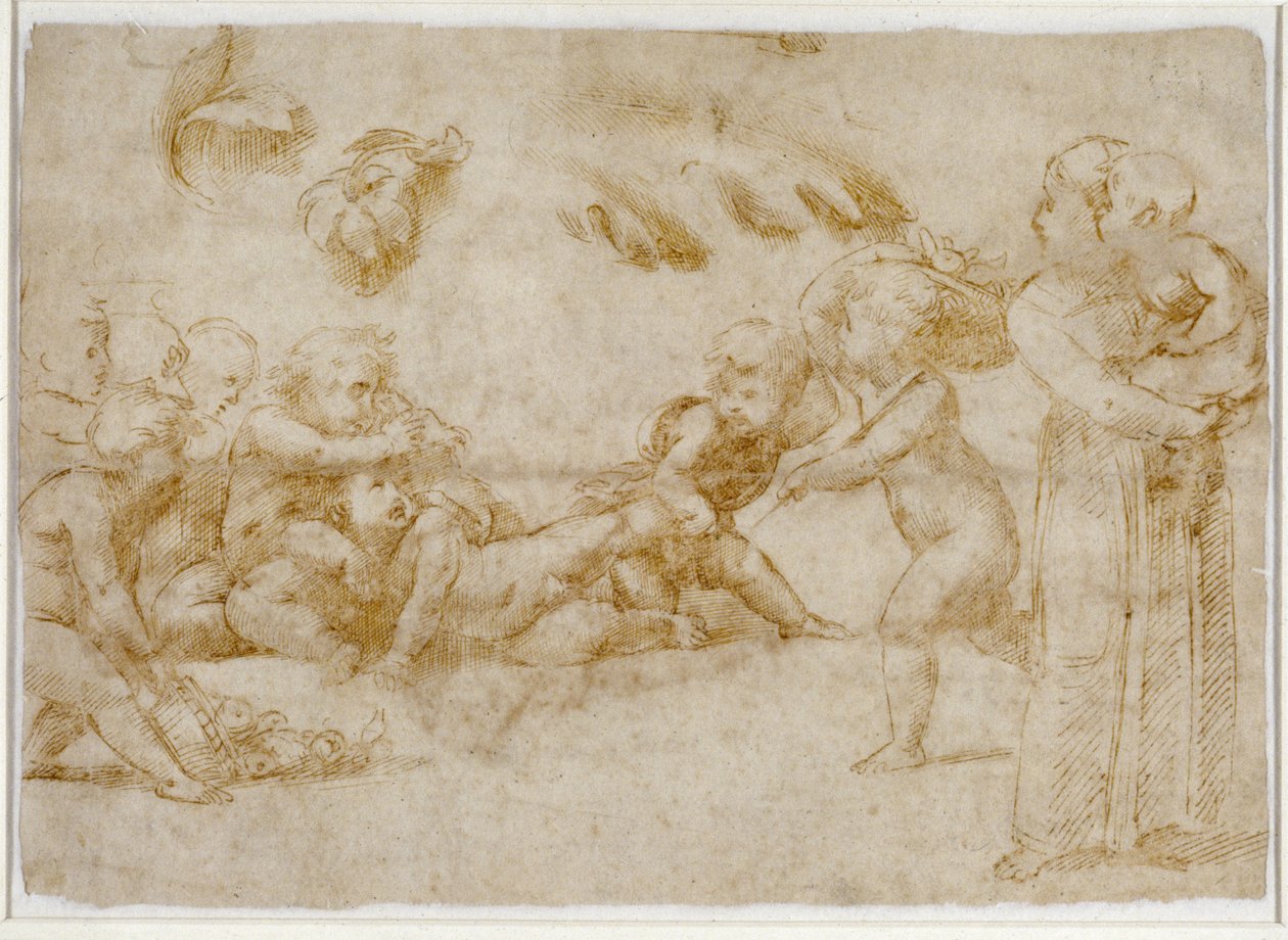 Amorini at Play (pióro i brązowy tusz na złamanym białym papierze) autorstwa Raffaello Sanzio Raphael