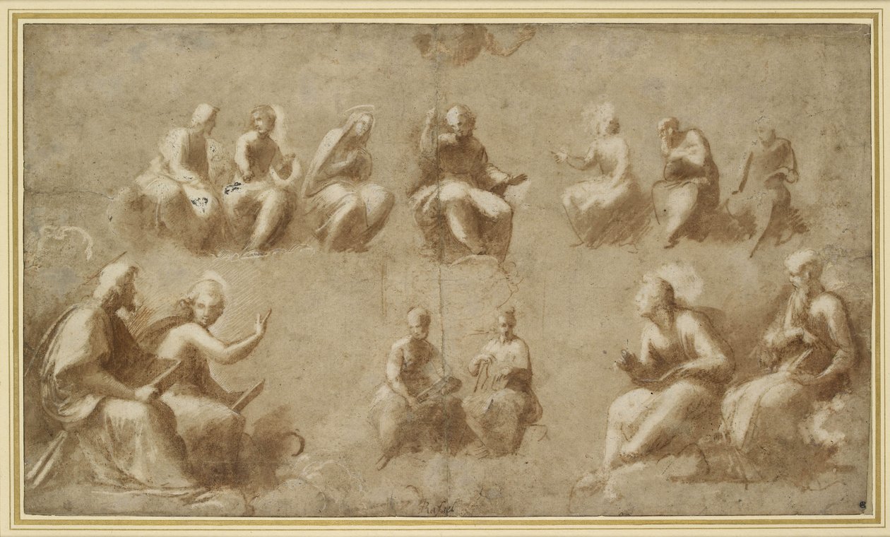 Chrystus i święci w chwale (studium do Disputy) (rysunek pędzlem w brązowym tuszu) autorstwa Raffaello Sanzio Raphael