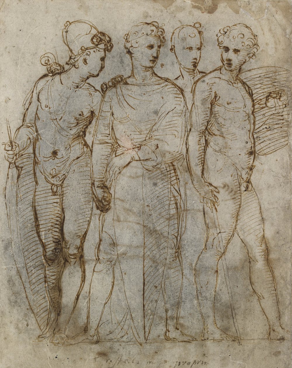 Grupa wojowników (św. Jerzy Donatello w Orsanmichele w środku) (pióro i brązowy tusz na białym papierze) autorstwa Raffaello Sanzio Raphael
