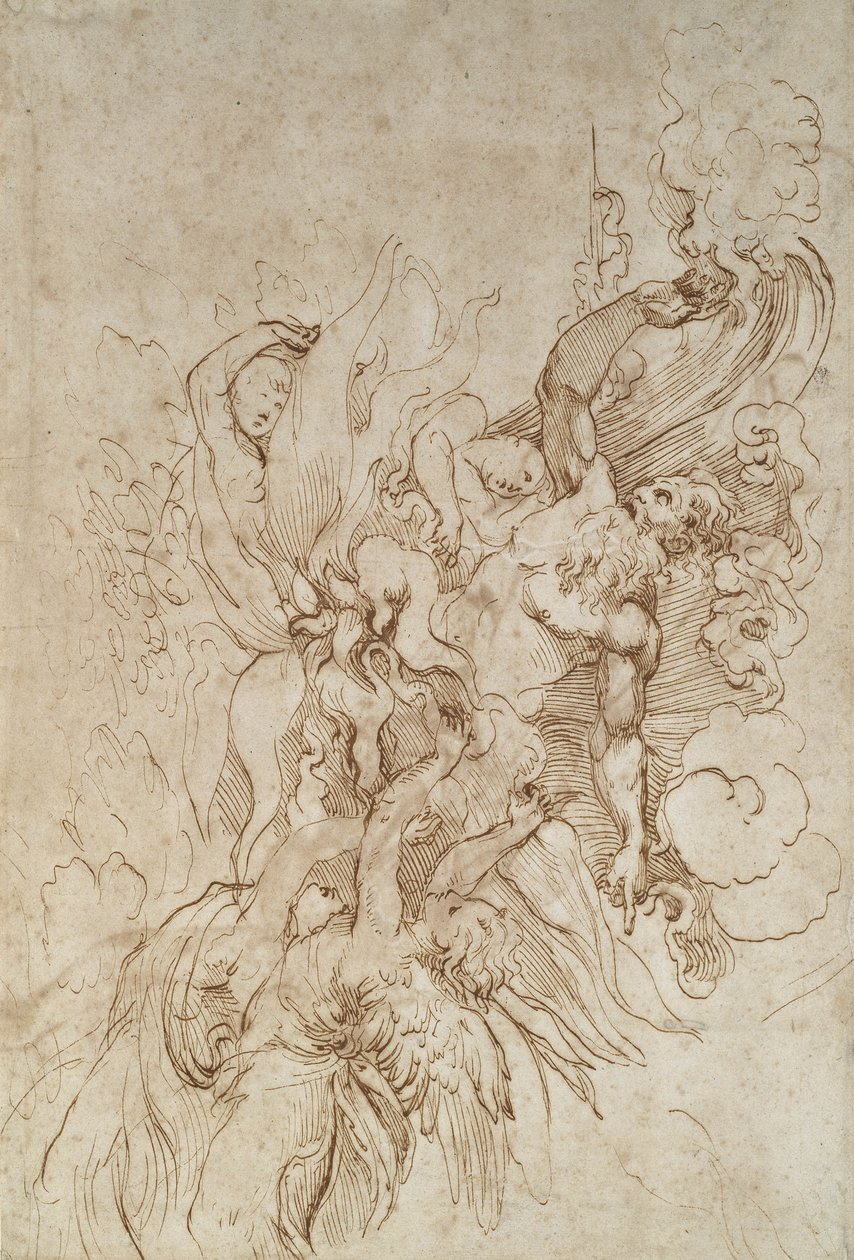 Jehowa w ognistym obłoku w towarzystwie aniołów (recto) (pióro i brązowy atrament na złamanym białym papierze) autorstwa Raffaello Sanzio Raphael