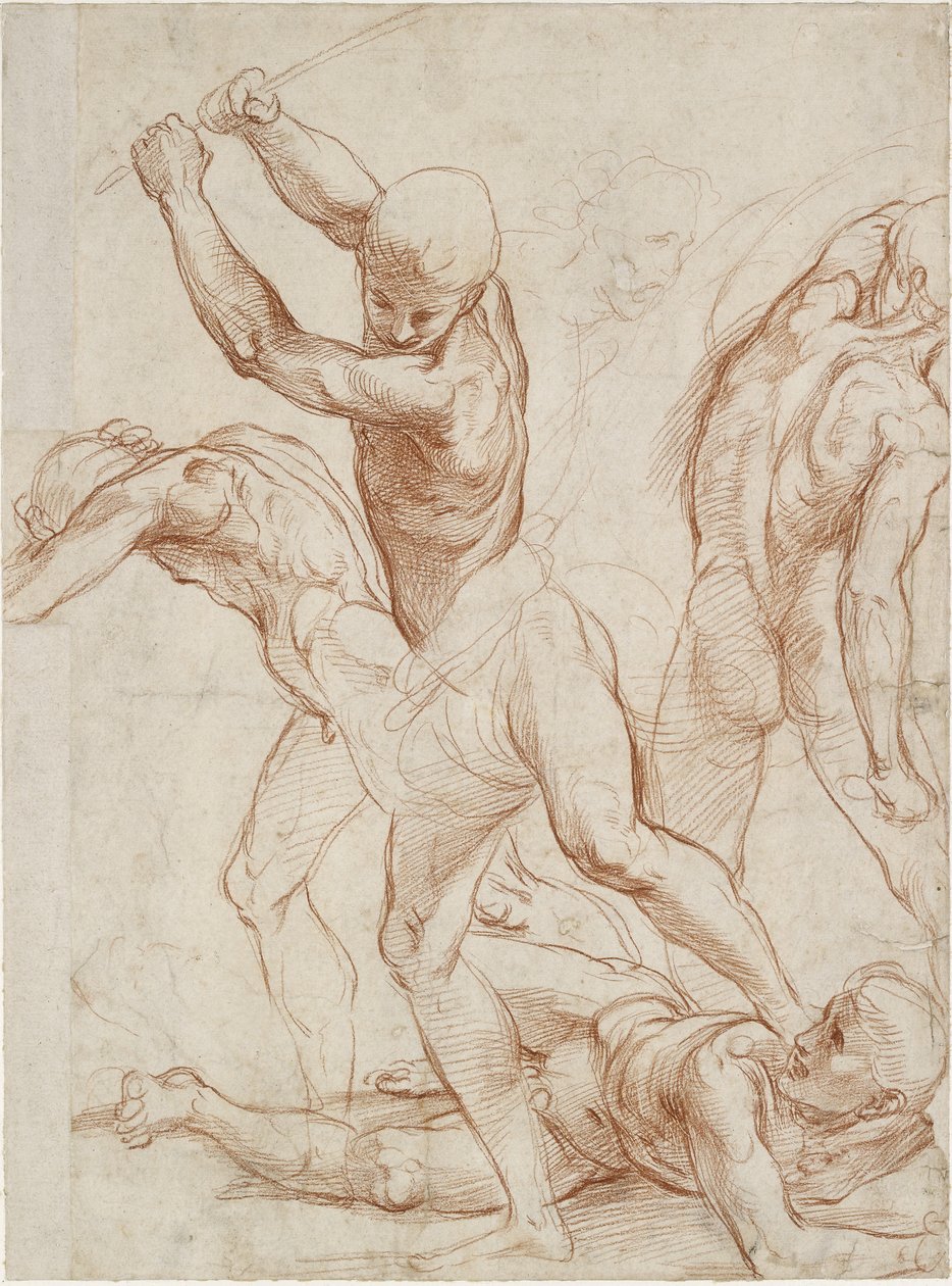 Recto: Walka pięciu mężczyzn. Verso: Niektóre drobne badania liczbowe, WA1846.193 autorstwa Raffaello Sanzio Raphael