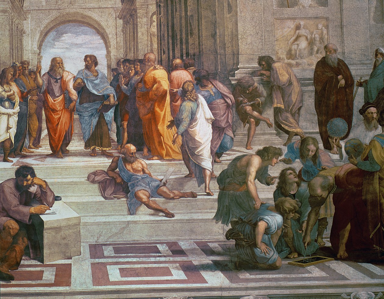 Szkoła Ateńska, detal z prawej strony przedstawiający Diogenesa na schodach i Euklidesa, fragment fresku z lat 1510-11 z 472 autorstwa Raffaello Sanzio Raphael