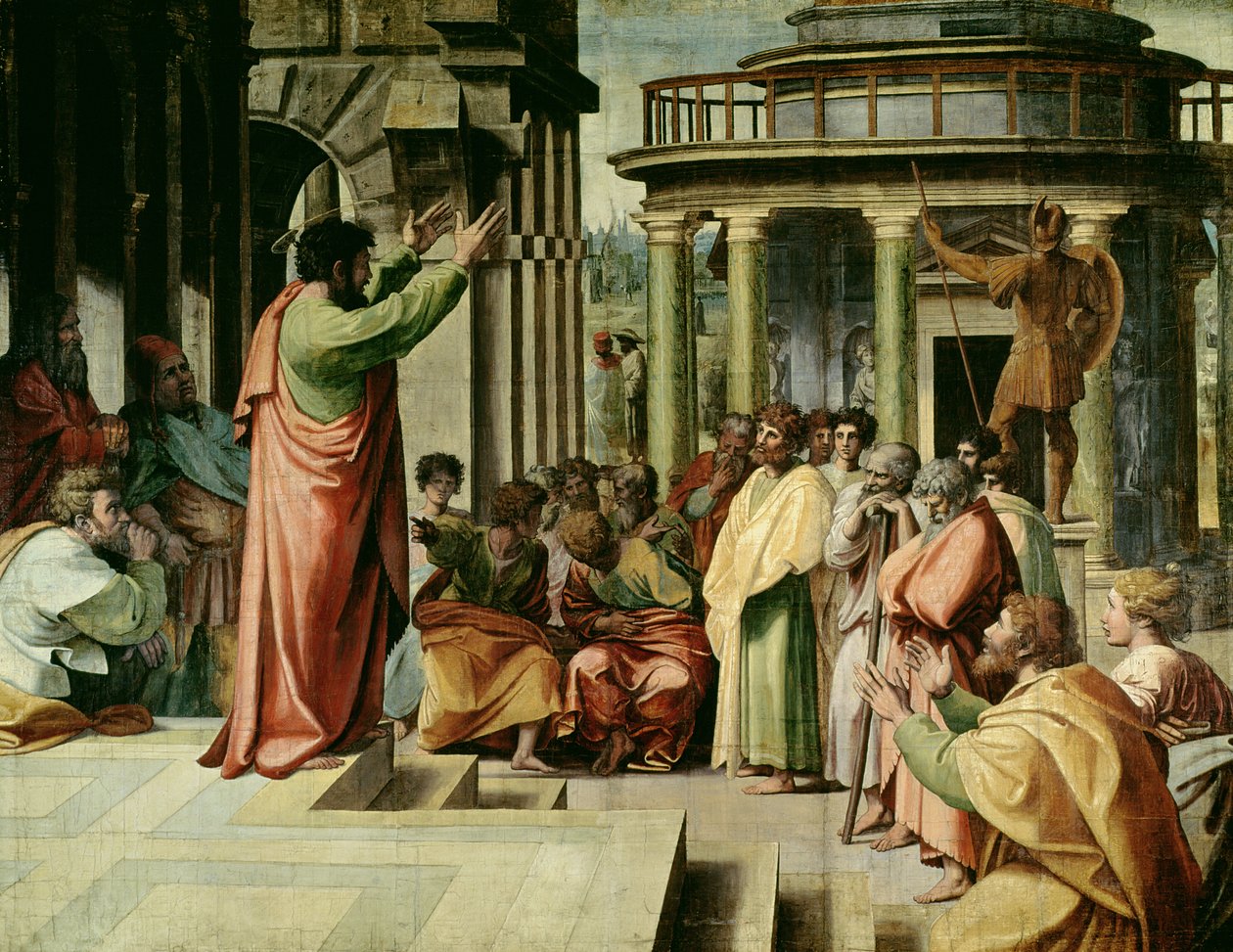 Paweł wygłaszający kazanie w Atenach (karykatura do Kaplicy Sykstyńskiej) (PRZED RESTORACJĄ) autorstwa Raffaello Sanzio Raphael