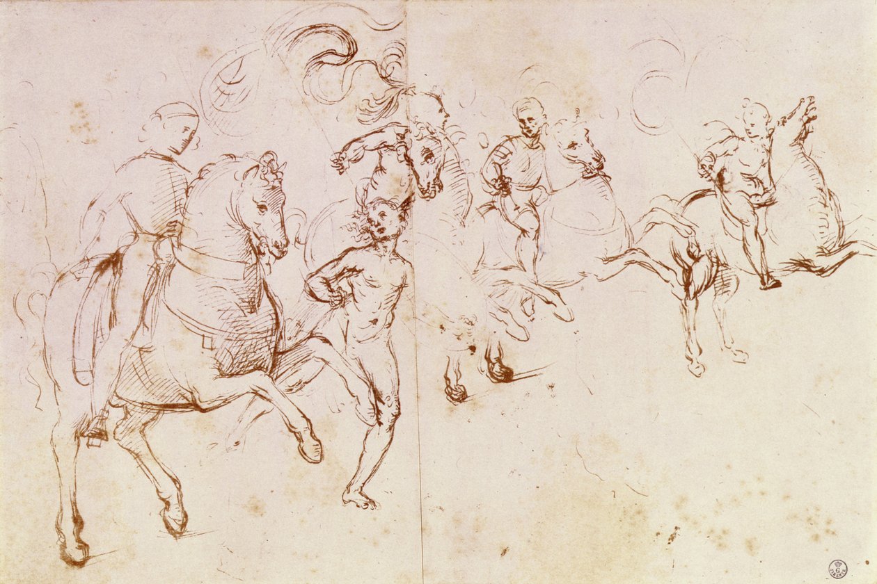 Studium czterech jeźdźców i aktu męskiego do „Sacre Conversazione” (pióro i atrament) autorstwa Raffaello Sanzio Raphael