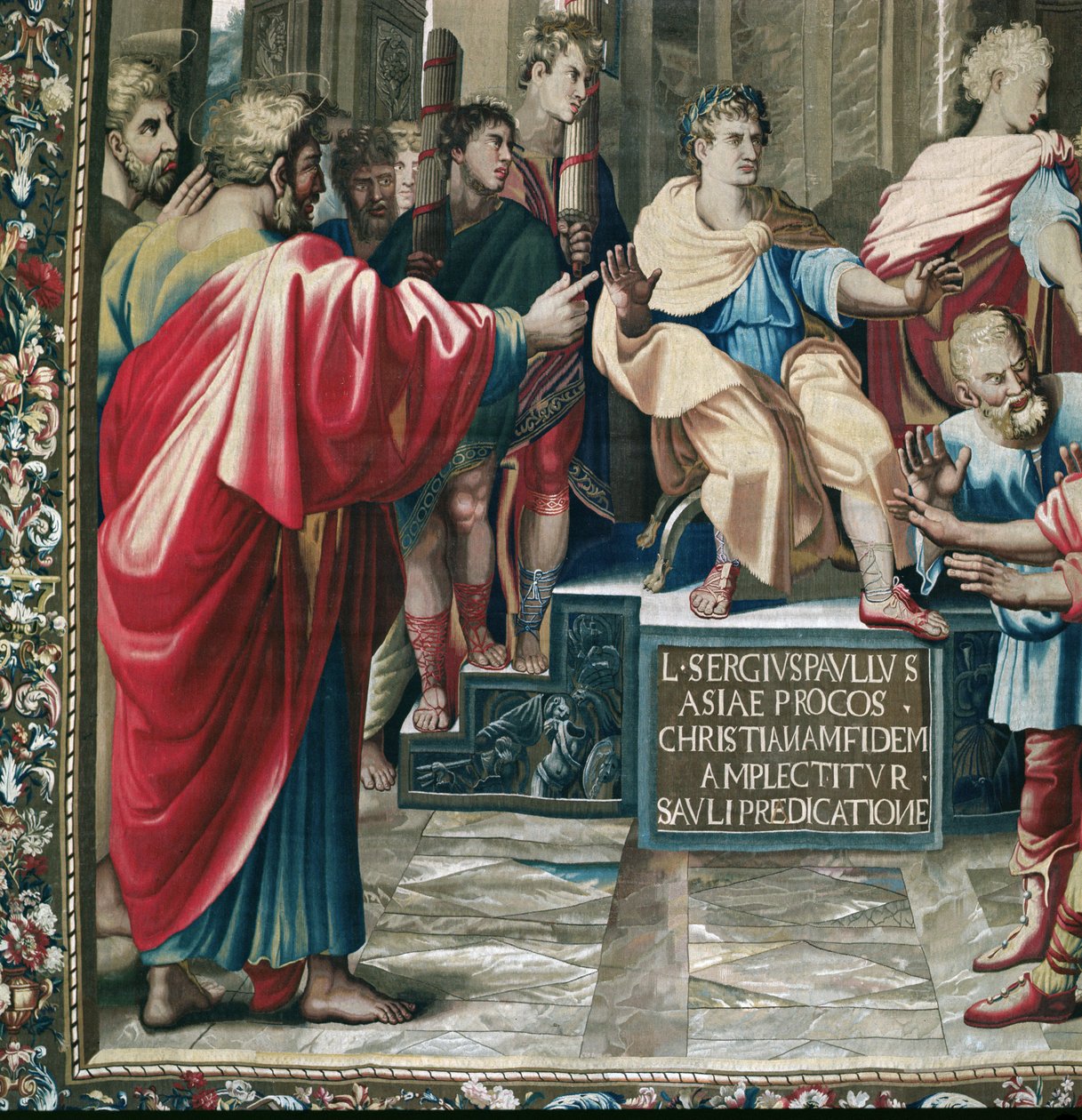 Gobelin przedstawiający Dzieje Apostolskie. Ślepota Elimas szczegół św. Pawła i rzymskiego prokonsula Sergiusza Paulusa, utkany w warsztacie Beauvais pod kierunkiem Philippe