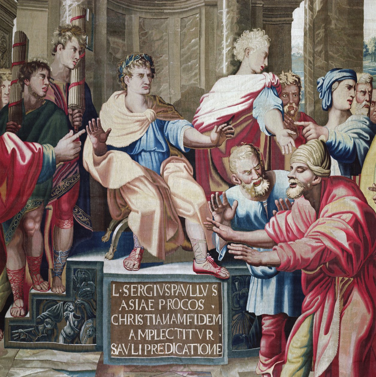 Gobelin przedstawiający Dzieje Apostolskie, Oślepienie Elimas, fragment oślepionego czarnoksiężnika Elimas i prokonsula Sergiusza Paulusa, utkany w warsztacie w Beauvais pod kierunkiem P. autorstwa Raffaello Sanzio Raphael