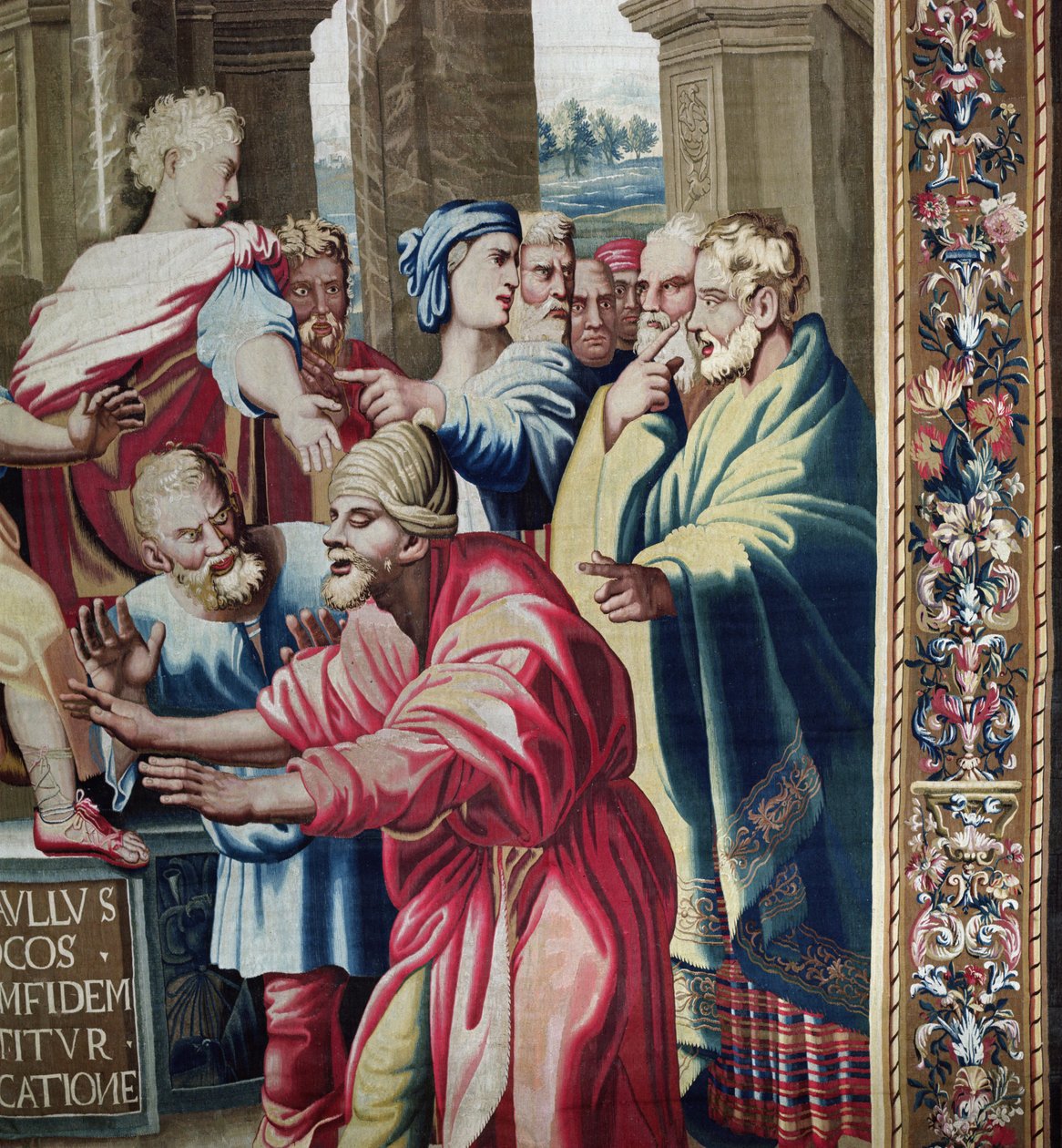 Gobelin przedstawiający Dzieje Apostolskie, Oślepienie Elimas, fragment oślepionego czarnoksiężnika Elimas, tkany w warsztacie Beauvais pod kierunkiem Philippe