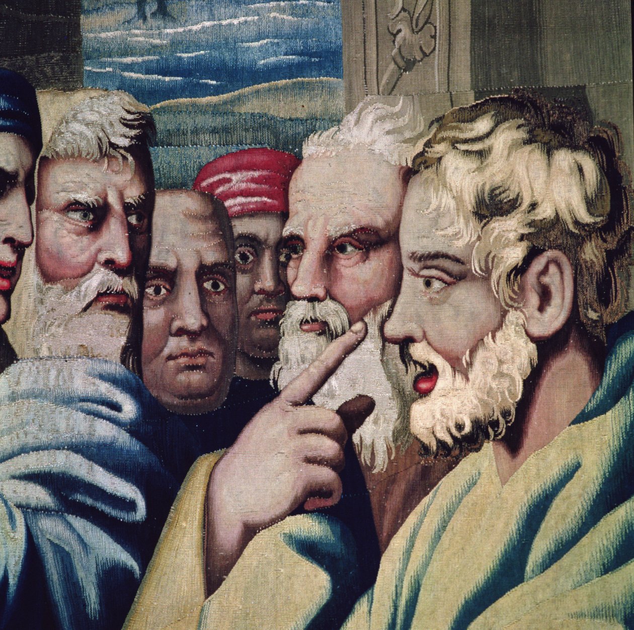 Gobelin przedstawiający Dzieje Apostolskie, fragment oślepienia Elimas przedstawiający zdumionych widzów, tkany w warsztacie Beauvais pod kierunkiem Philippe
