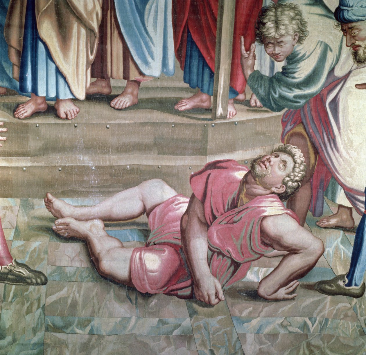Gobelin przedstawiający Dzieje Apostolskie, śmierć Ananiasza szczegół umierania Ananiasza, tkany w warsztacie Beauvais pod kierunkiem Philippe