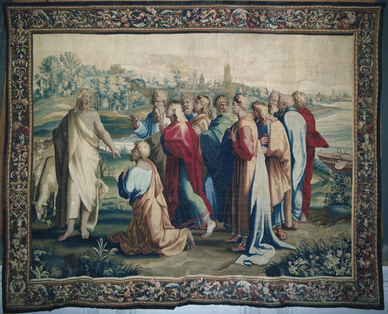Gobelin przedstawiający Dzieje Apostolskie, wezwanie św. Pawła szczegół apostołów, tkany w warsztacie Beauvais pod kierunkiem Philippe
