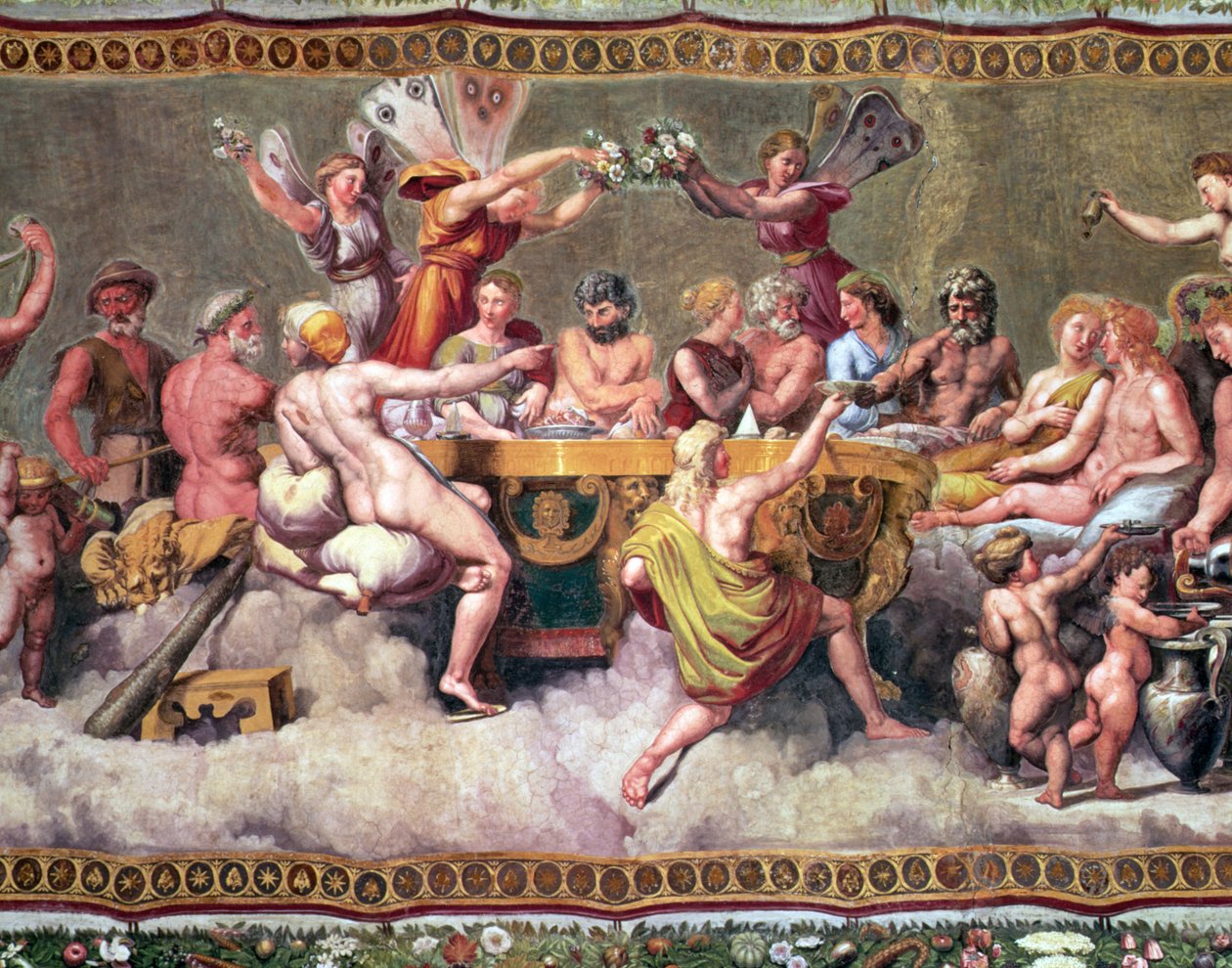 Uczta Bogów, malowidło sufitowe przedstawiające Zaloty i Wesele Kupidyna oraz detal fresku Psyche z 57688 autorstwa Raffaello Sanzio Raphael