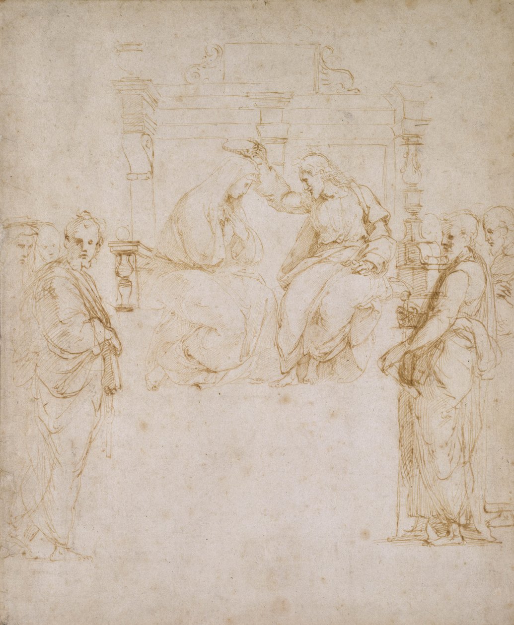 Koronacja Dziewicy (pióro i brązowy tusz na białym papierze) autorstwa Raffaello Sanzio Raphael