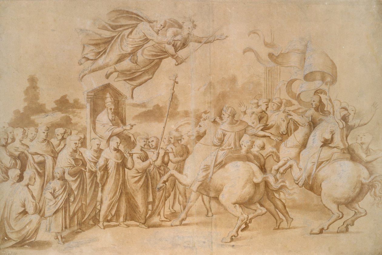 Odepchnięcie Attyli (brązowy wash wzmocniony gwaszem na papierze) autorstwa Raffaello Sanzio Raphael