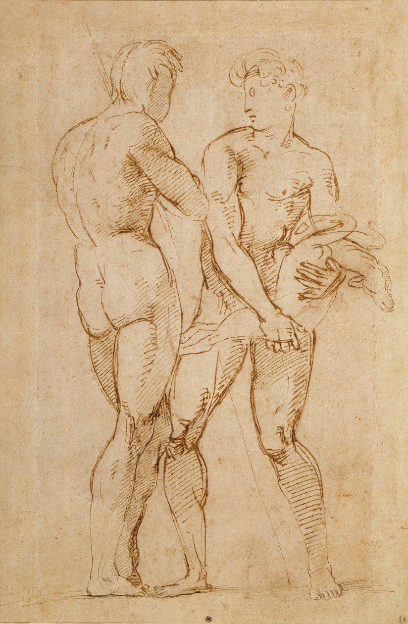 Dwóch nagich mężczyzn stojących, jeden trzymający baranka autorstwa Raffaello Sanzio Raphael