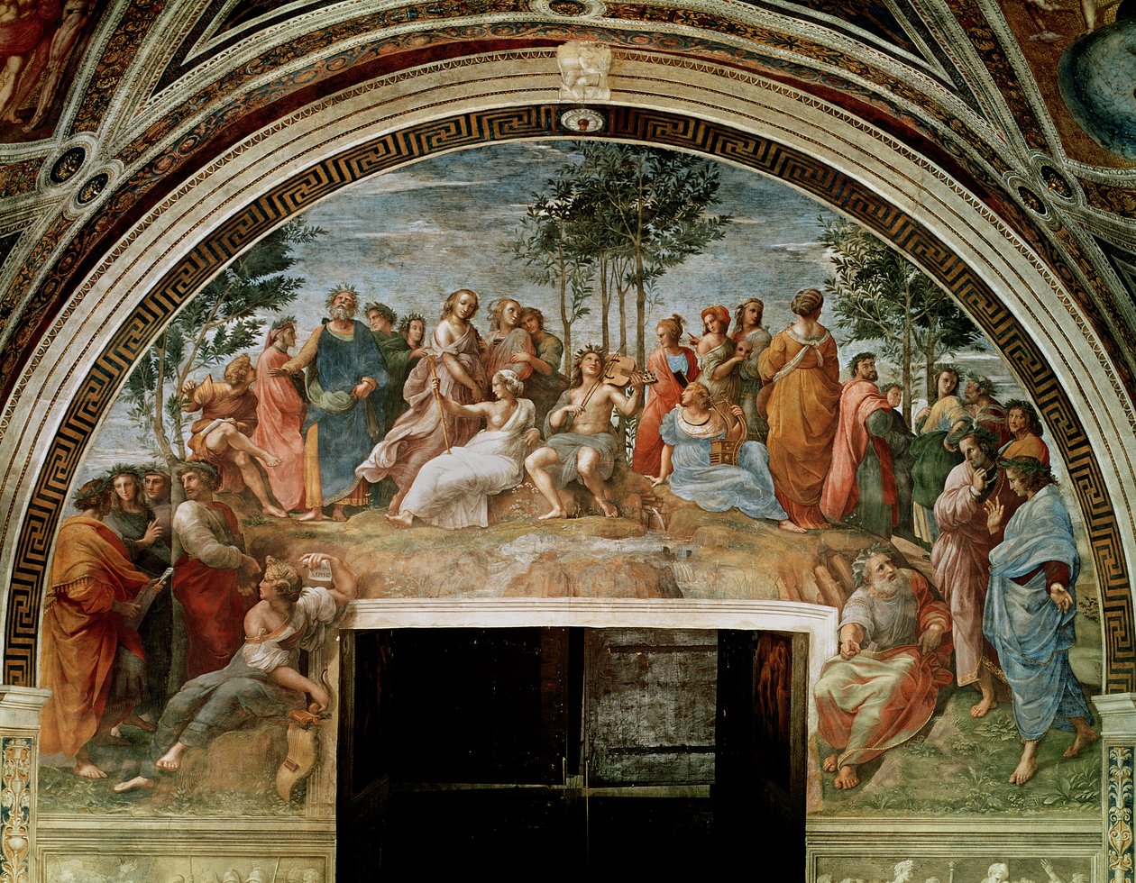 Parnas, ze Stanza delle Segnatura, 1510-11 (patrz także 838) autorstwa Raffaello Sanzio Raphael