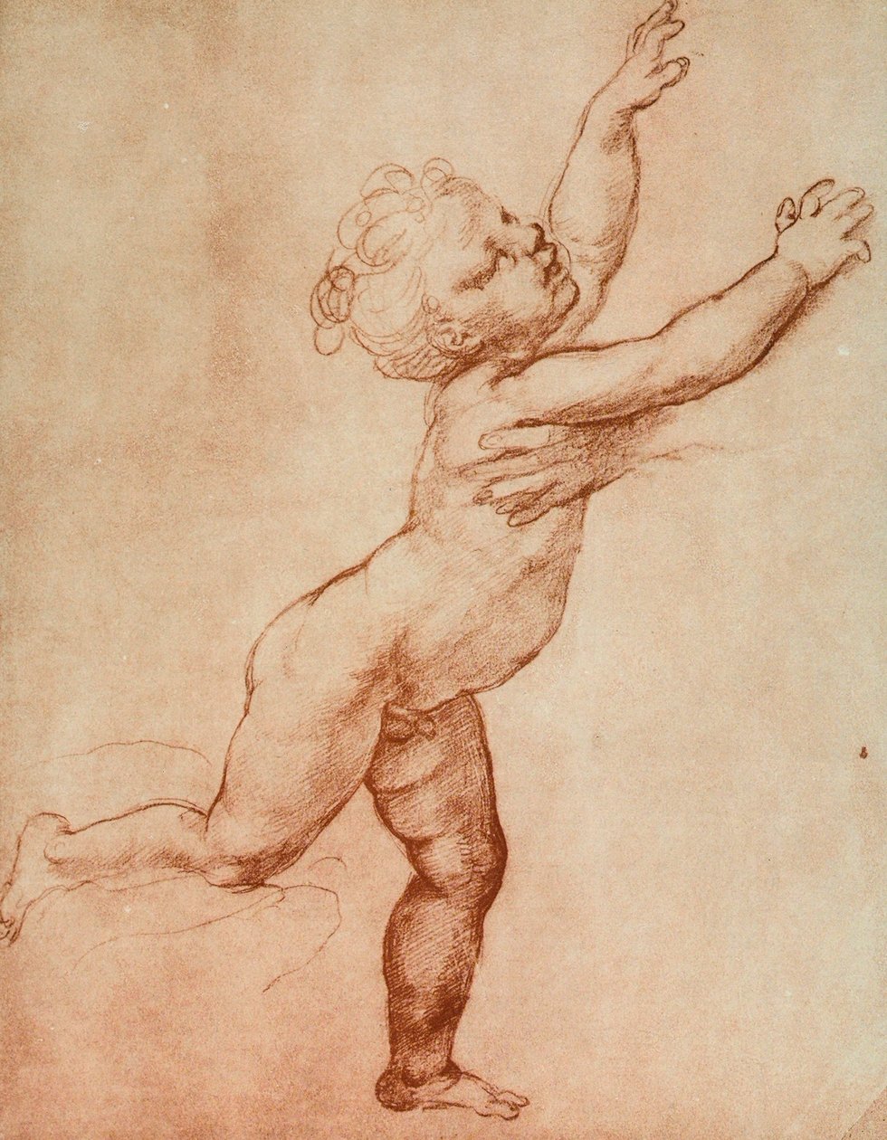 Rysunek dziecka biegnącego w prawą stronę, gdzie wydaje się, że czeka na nie osoba, której widać tylko rękę. Dzieło Raffaello w Uffizi w Gabinecie Rysunków i Druków, we Florencji. autorstwa Raffaello Sanzio Raphael