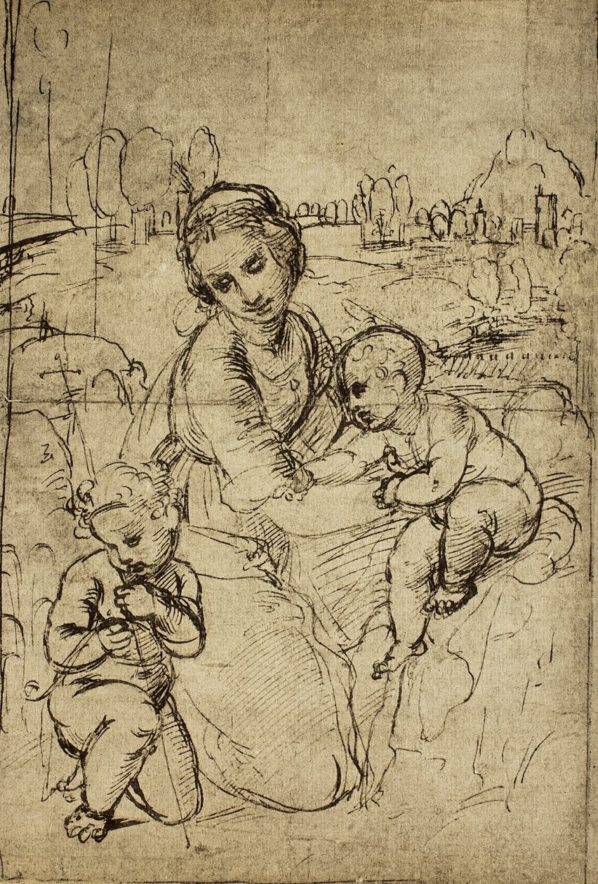 Madonna z Dzieciątkiem i św. Jan (dziecko), rysunek Rafaela. Gabinet Rysunków i Grafiki, Galeria Uffizi, Florencja autorstwa Raffaello Sanzio Raphael