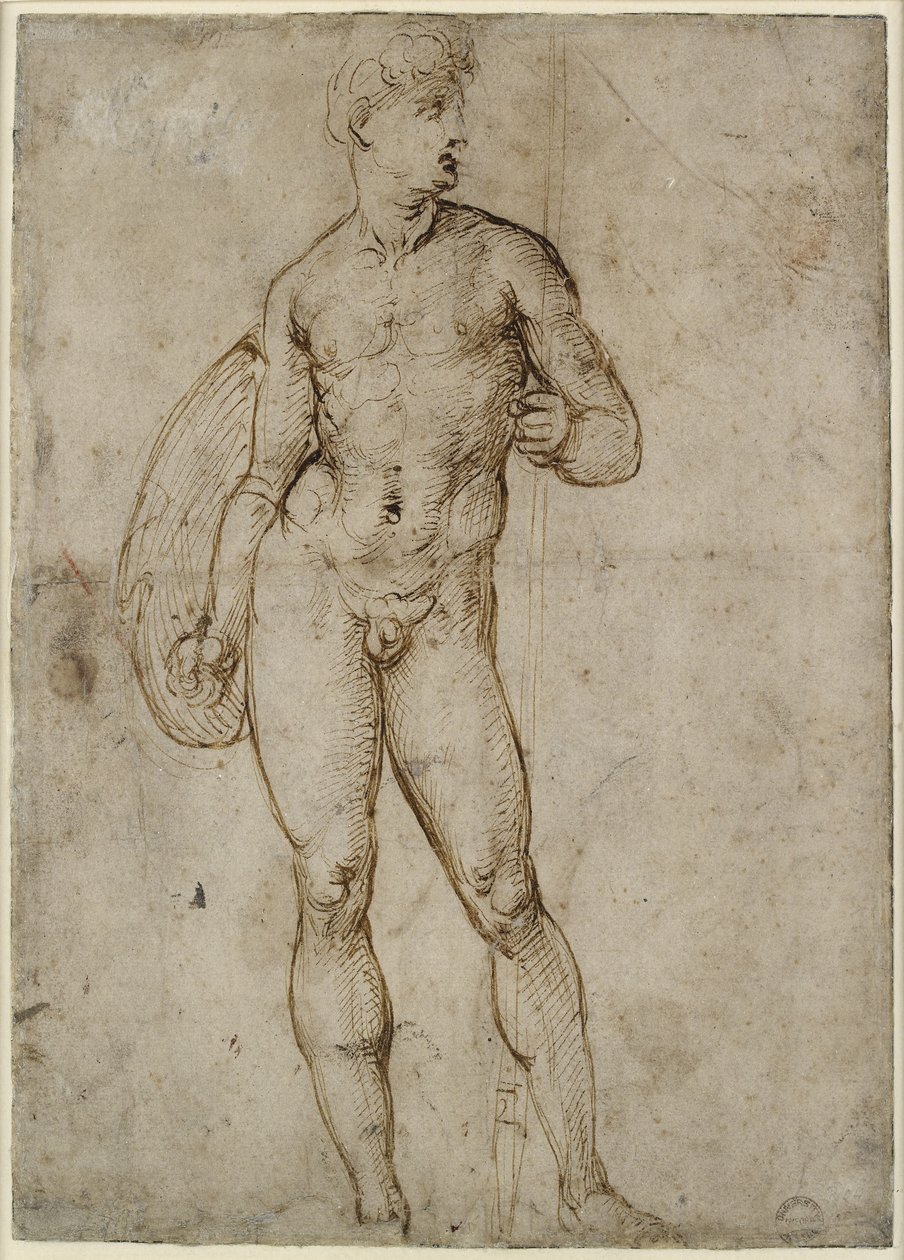 Recto: A Youthful Warrior, WA1846.163 (długopis i brązowy tusz, niektóre prawdopodobnie niepowiązane ślepe ślady rysika) autorstwa Raffaello Sanzio Raphael