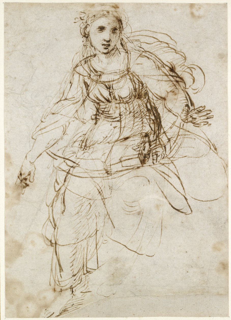Recto: Alegoryczna figura teologiczna, WA1846.195 (pióro i brązowy tusz, z osobnymi śladami ołowiu na odwrocie) autorstwa Raffaello Sanzio Raphael