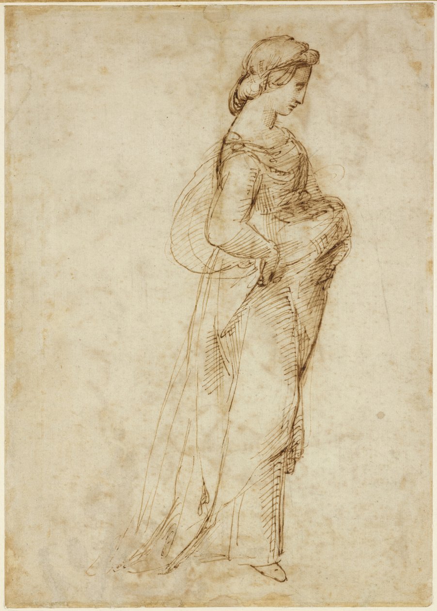 Recto: Kobieca postać idąca w prawo, WA1846.169 (pióro i brązowy tusz nad punktem prowadzącym) autorstwa Raffaello Sanzio Raphael