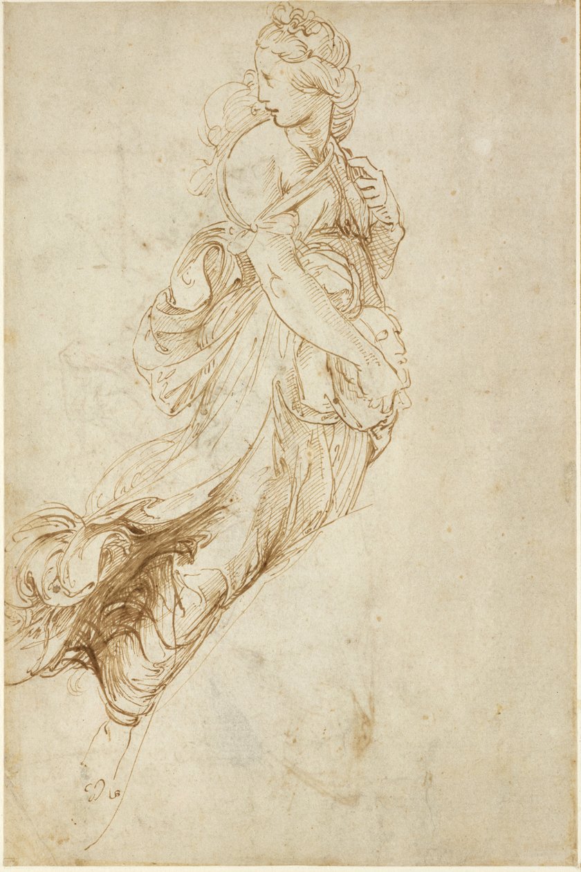 Recto: Study for the Figure of Melpomene, WA1846.182 (pióro i brązowy tusz na ślepym rysiku) autorstwa Raffaello Sanzio Raphael
