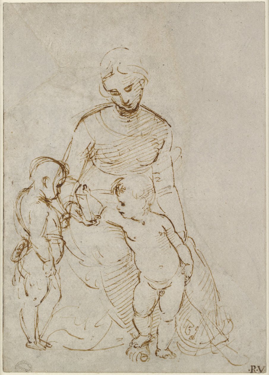 Recto: Dziewica z Dzieciątkiem ze św. Janem (Madonna del Cardellino), WA1846.160 (pióro i brązowy tusz na ślepym rysiku, ślady ołowiu lub kredy) autorstwa Raffaello Sanzio Raphael