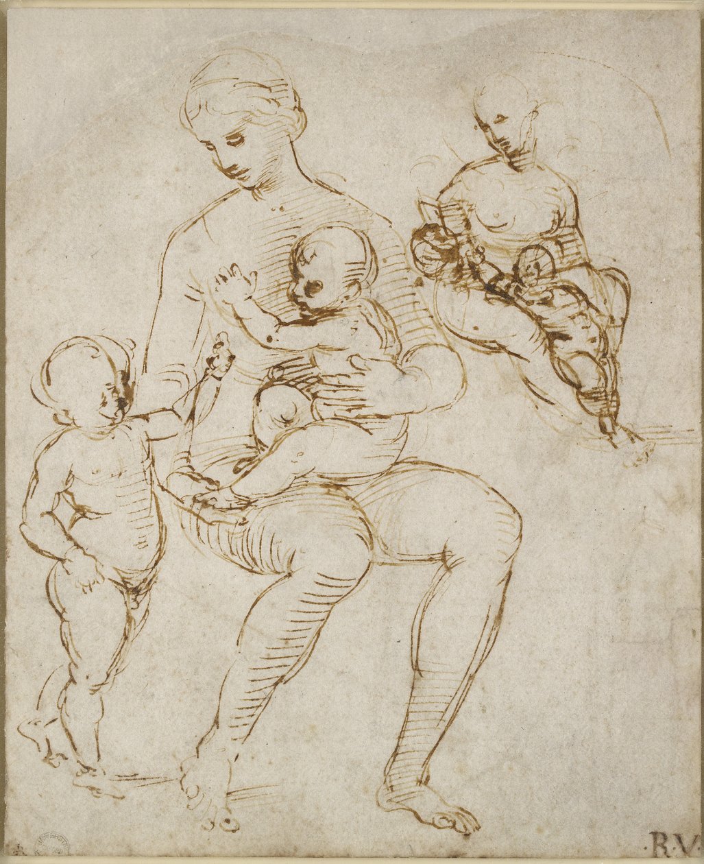 Recto: Dwa etiudy dla Dziewicy z Dzieciątkiem ze św. Janem (Madonna del Cardellino), WA1846.159 (pióro i brązowy tusz na jakimś ślepym rysiku) autorstwa Raffaello Sanzio Raphael