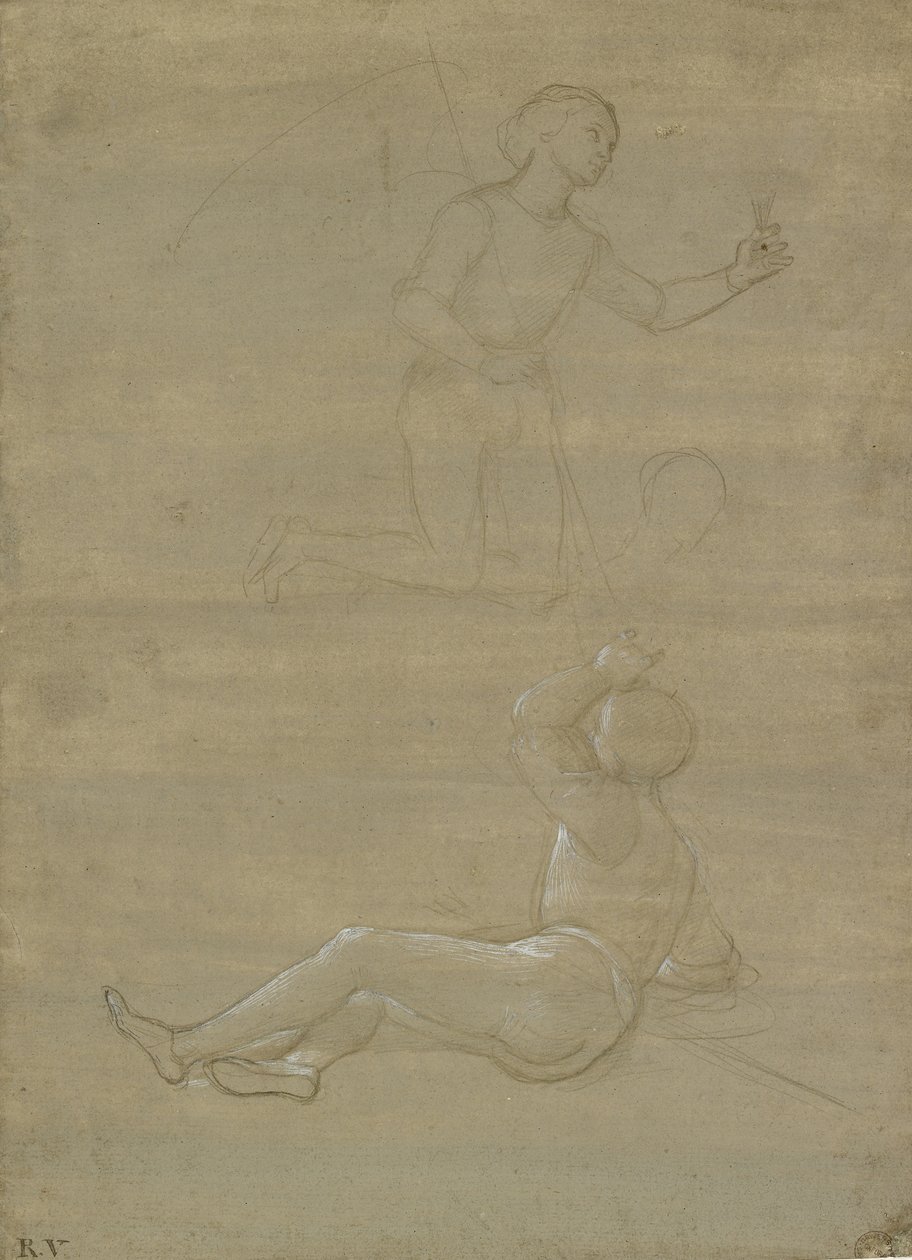 Studia dla strażnika w Zmartwychwstaniu i anioła, WA1846.150 (metalowy grot na brązowo-szarym papierze preparowanym z białym podwyższeniem) autorstwa Raffaello Sanzio Raphael