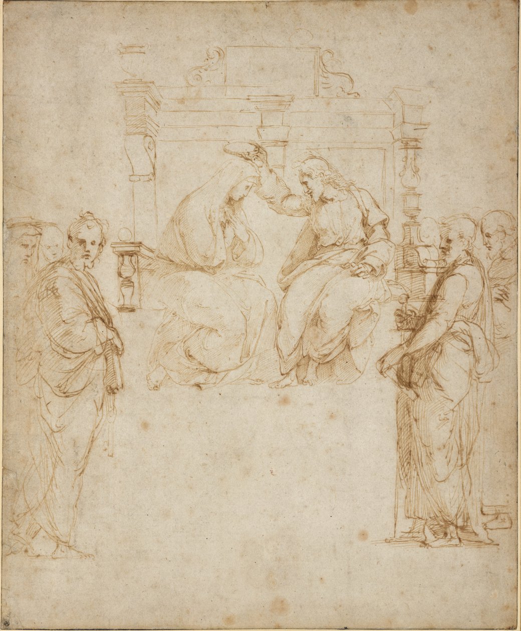 Koronacja Dziewicy, WA1846.206 (pióro i brązowy tusz na ślepym rysiku, krawędzie arkusza są kreślone czarnym tuszem) autorstwa Raffaello Sanzio Raphael