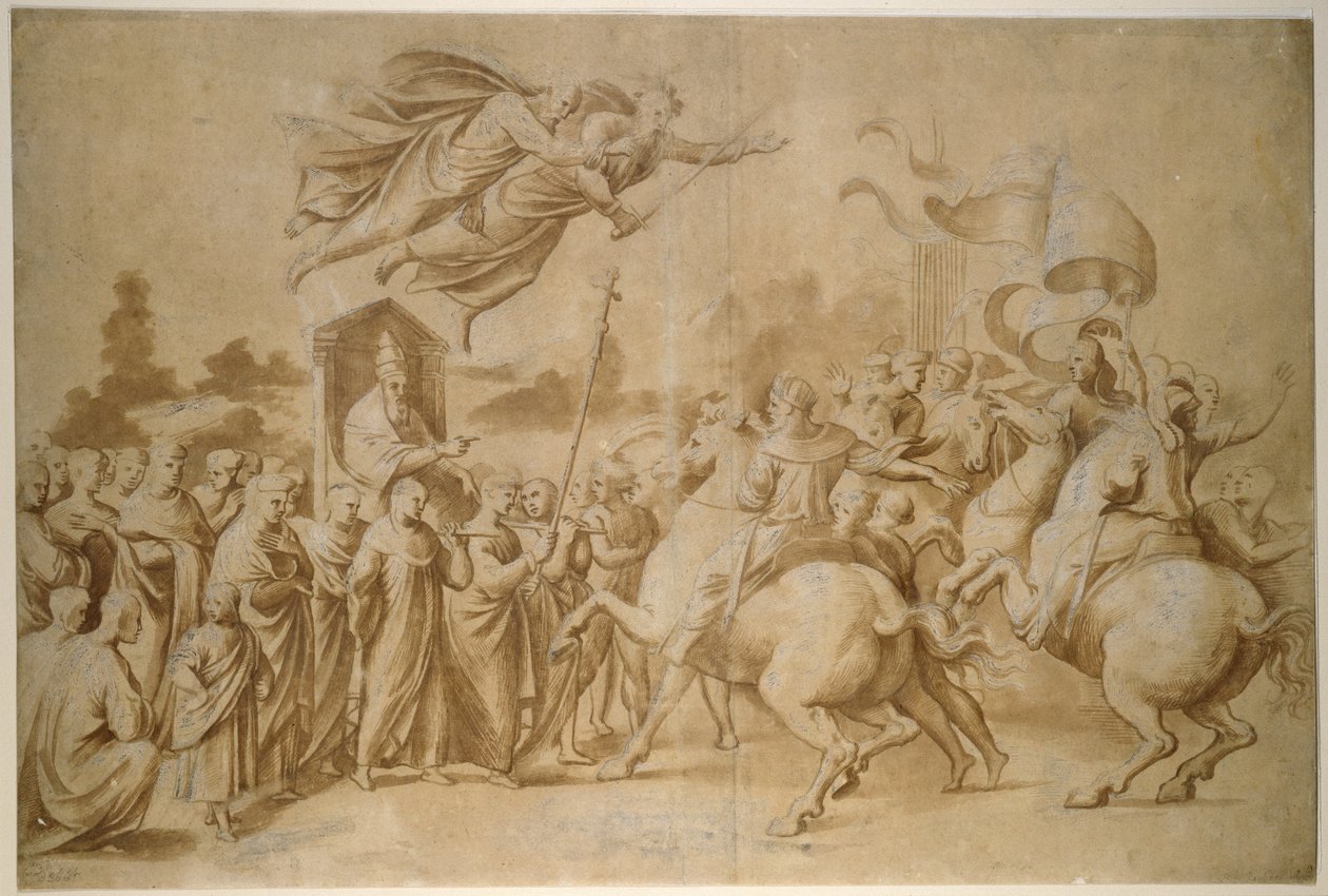 The Repulse of Attila, WA1846.277 (rysunek pędzla w brązowym wash wzmocniony kolorem ciała (oksydowany) na papierze płowożółtym) autorstwa Raffaello Sanzio Raphael