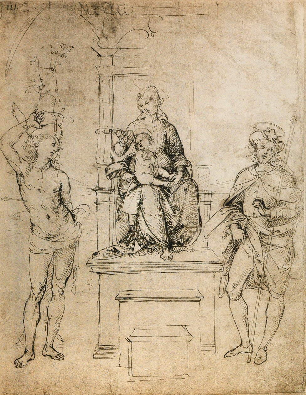Dziewica, Dzieciątko Jezus, św. Sebastian i św. Rocco; rysunek Rafaela. Luwr, Paryż autorstwa Raffaello Sanzio Raphael