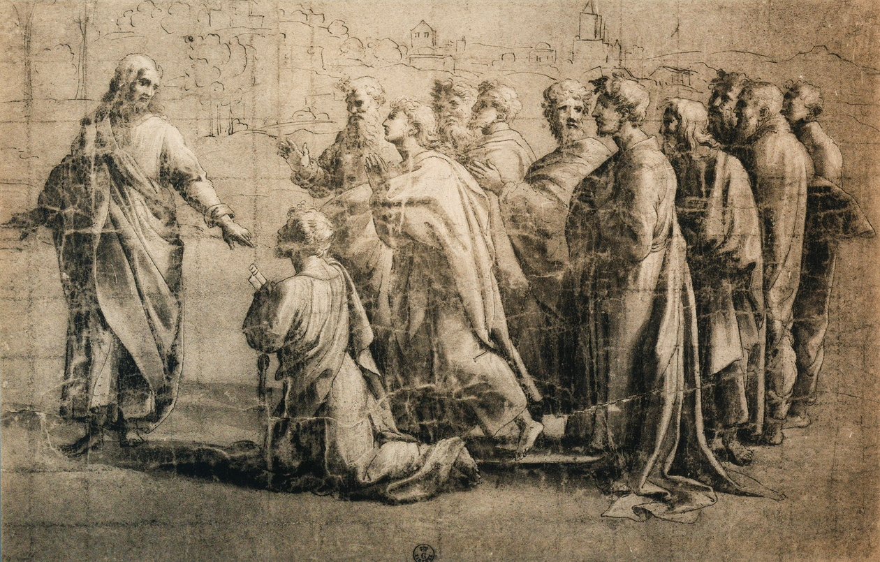 Chrystus dający klucze św. Piotrowi; rysunek ze Szkoły Rafaela. Gabinet Rysunków i Druków, Uffizi, Florencja autorstwa School of Raphael