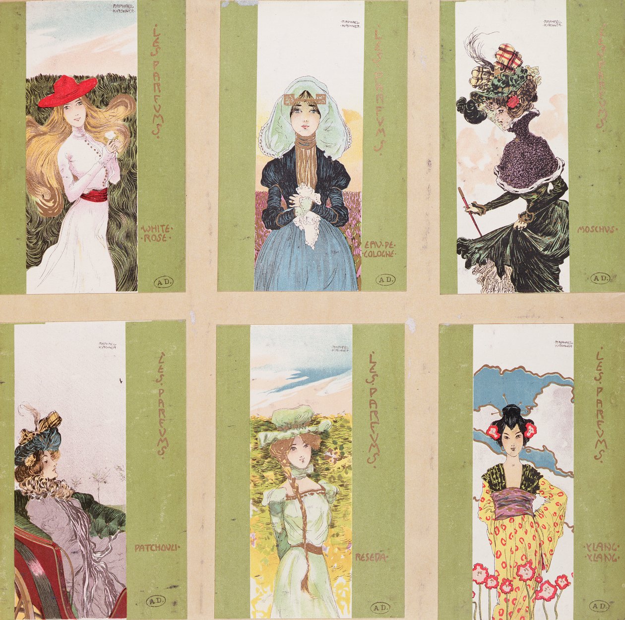 Wybór pocztówek z alegorycznymi przedstawieniami perfum autorstwa Raphael Kirchner