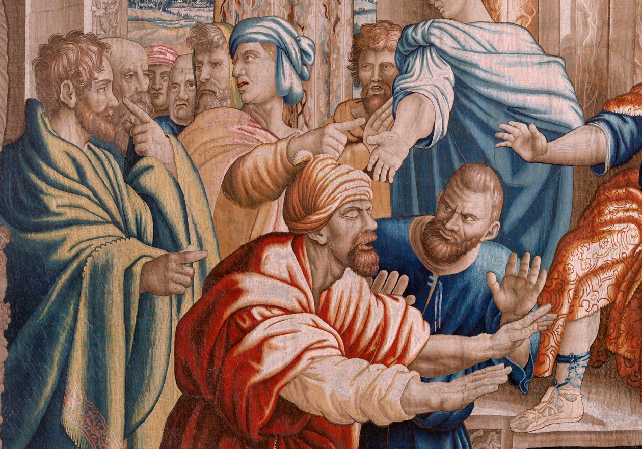 Flamandzki gobelin. Seria Dziejów Apostolskich. Elymas oślepiony (La ceguera de Elymas). Siódmy gobelin w serii. Model Cartoon autorstwa Rafaela Sanzio. 1519. Manufaktura Jan Raes II, Bruksela. ok. 1605-1629. Tkanina Jedwab i wełna. Rozmiar 534 x 783 cm. Z autorstwa Raphael
