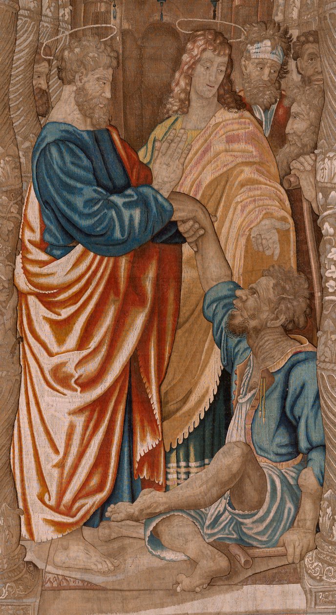 Flamandzki gobelin. Seria Dziejów Apostolskich. Cud chromego człowieka (El milagro del paralitico). Trzeci gobelin w serii. Model Cartoon autorstwa Rafaela Sanzio. 1519. Manufaktura Jan Raes II, Bruksela. Ca1605-1629. Tkanina Jedwab i wełna. Rozmiar 524 x  autorstwa Raphael