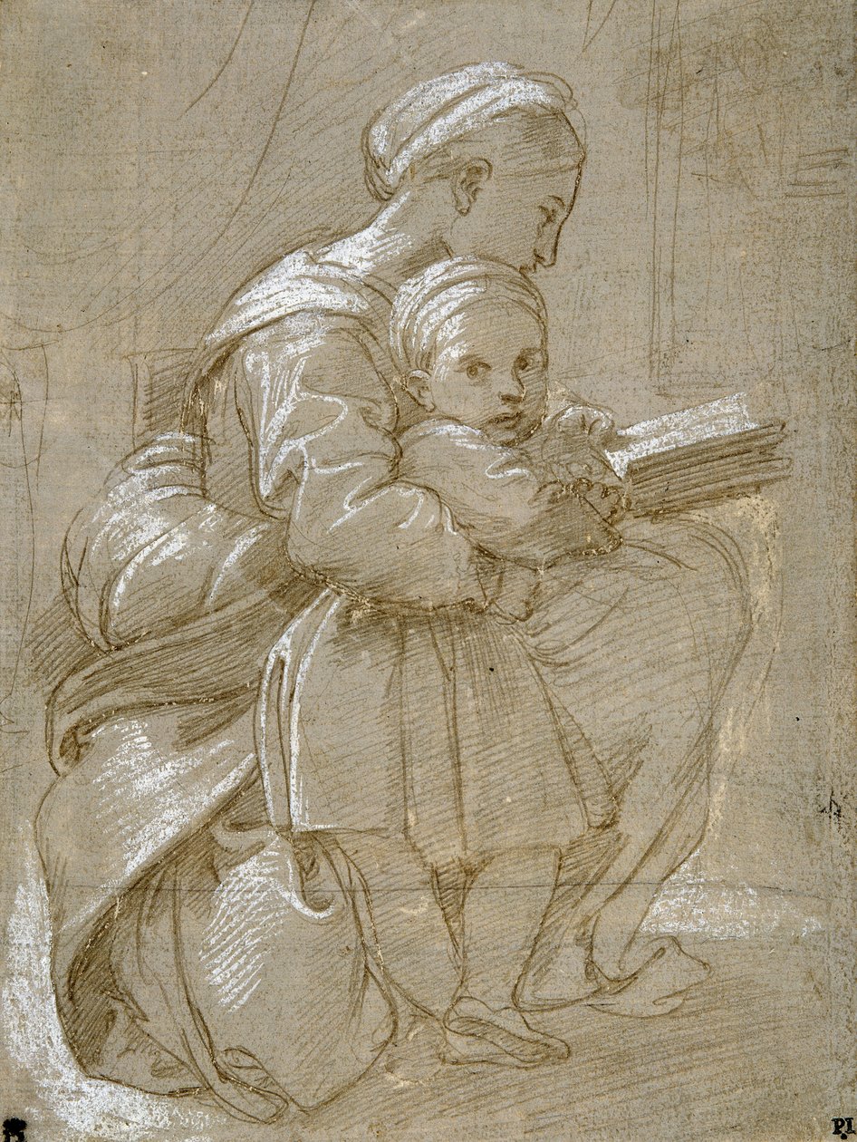 Kobieta siedząca na krześle czytająca, z dzieckiem stojącym u jej boku (metalowy punkt i biały kolor ciała na papierze) autorstwa Raphael