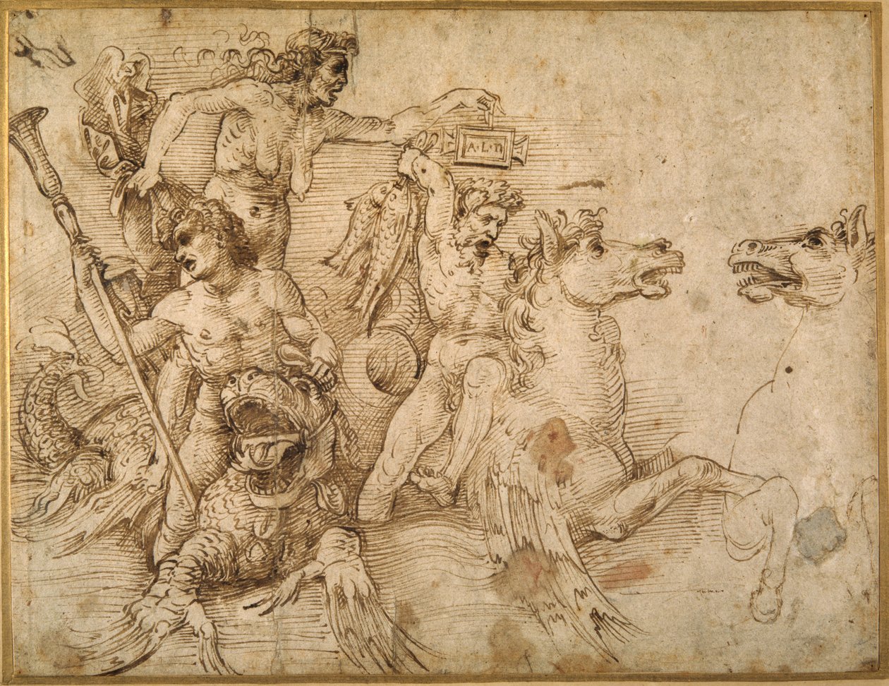 Bitwa pod Trytonami, wg Andrea Mantegna (pióro i brązowy tusz na białym papierze) autorstwa Raphael